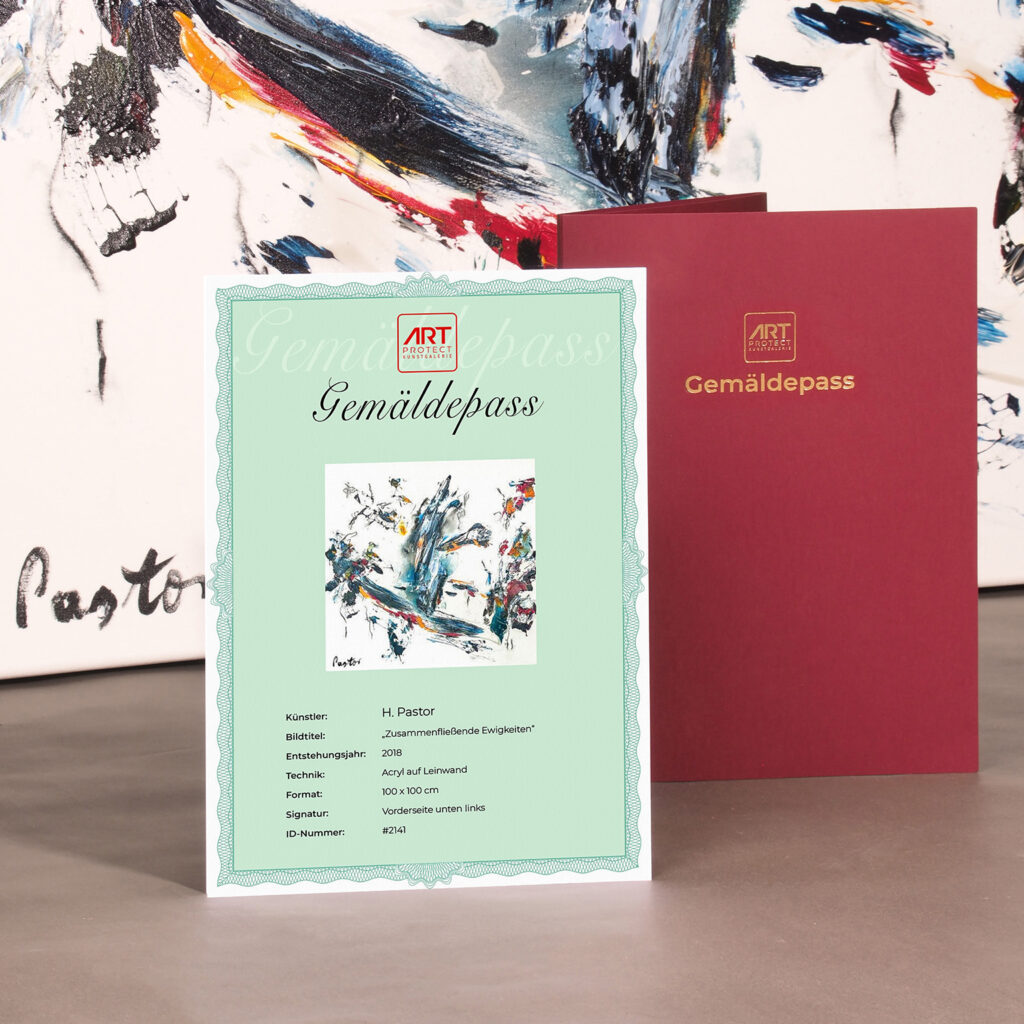 Kunst kaufen mit Echtheitszertifikats: mit hochwertiger Mappe und zugehörigem Originalkunstwerk im Hintergrund.